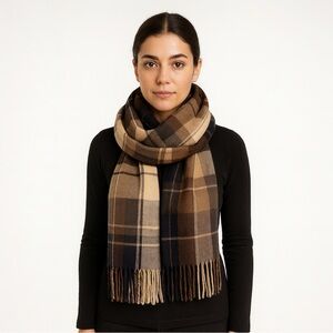 Oversized Brown Tan Plaid Blanket Scarf Wrap | Fringe Neutral Winter Shawl